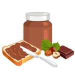 Chocolate spread with hazelnuts, piece of toast bread, knife, glass jar and heap of nuts isolated on white background. Vector cartoon illustration of nougat cream.