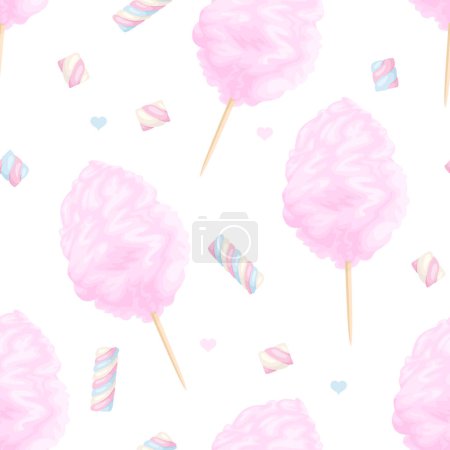 Ilustración de Dulces de algodón rosa y malvaviscos sobre fondo blanco. Patrón sin costuras con dulces. Dibujos animados vectoriales ilustración. - Imagen libre de derechos