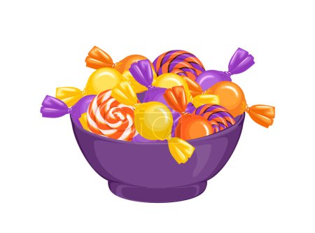 Téléchargez les illustrations : Bol de bonbons jaunes, oranges et violets. Illustration vectorielle de bonbons lumineux. - en licence libre de droit