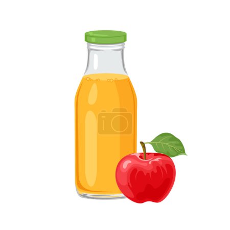 Apple juice in bottle and red apple isolated on white background. Vector cartoon illustration of fresh fruit drink.
