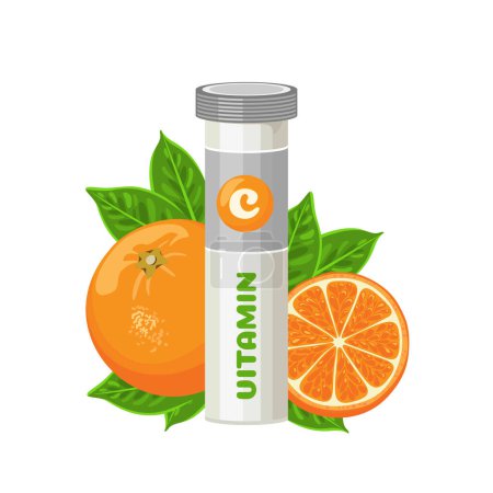 Vitamin C tablets in tube and orange fruit. Vector cartoon illustration.