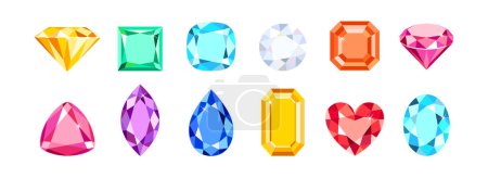 Illustration for Gems of different shapes and colors isolated on white. Set of diamonds. Vector cartoon flat illustration. - Royalty Free Image