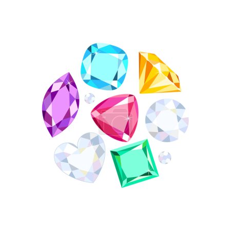 Illustration for Multi-colored gems isolated on white background. Vector cartoon flat illustration of jewelry. - Royalty Free Image
