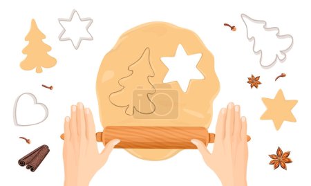 Weihnachtsplätzchen backen. Hände machen Teig für Lebkuchen. Form zum Schneiden von Lebkuchen, Nudelholz und Gewürzen isoliert auf weißem Hintergrund. Vektorgrafik.