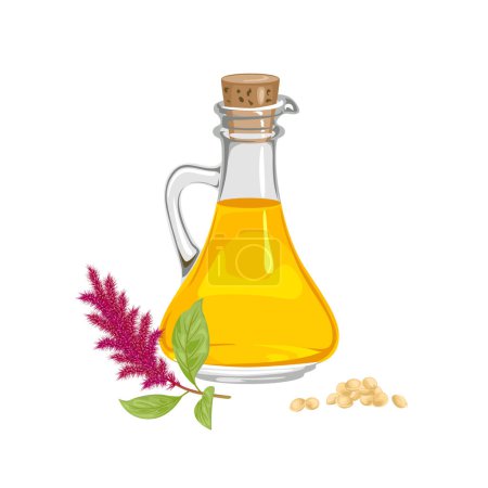 Illustration for Amaranth oil in glass bottle, flowering plant and heap of seeds isolated on white. Vector cartoon illustration. - Royalty Free Image