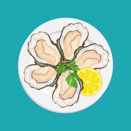 Ilustración de Ostras frescas crudas con limón en el plato. Vista superior. Dibujos animados vectoriales ilustración de mariscos. - Imagen libre de derechos