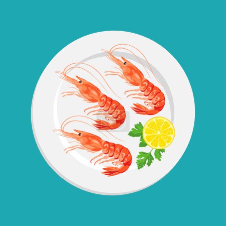 Crevettes au citron et persil sur une assiette. Vue de dessus. Illustration vectorielle de crevettes. 