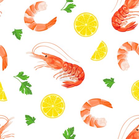 Fruits de mer fond. Motif sans couture avec crevettes, persil et tranche de citron. Illustration vectorielle de dessin animé.