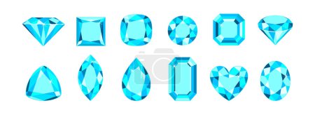 Pierres bleues de différentes formes isolées sur fond blanc. Ensemble de cristaux d'aigue-marine. Illustration plate de dessin animé vectoriel.