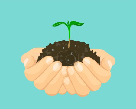 Illustration for Green plant with soil in hands. Environment protection concept. Palms holding sprout. Vector cartoon illustration. - Royalty Free Image