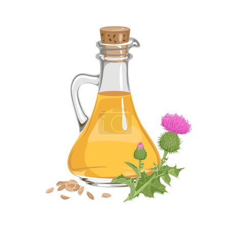 Milk thistle oil in glass jar. Vector cartoon illustration. Healthy food.