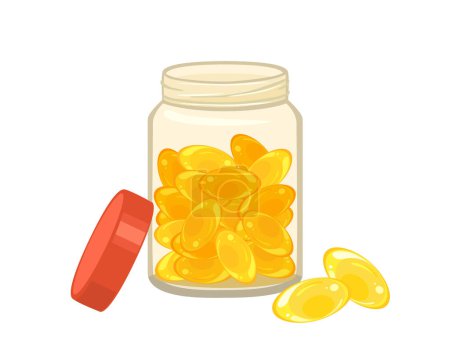Yellow soft gel capsules in open pill bottle. Vector cartoon flat illustration of fish oil supplement.