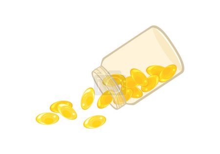 Illustration for Yellow gel pills spilling out of transparent pill bottle. Vector cartoon flat illustration of open container with fish oil supplement. - Royalty Free Image