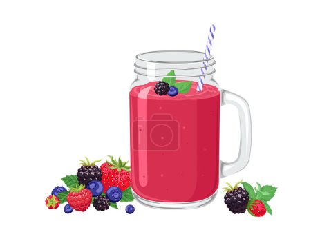 Smoothie aux baies dans un bocal en verre avec paille isolée sur fond blanc. Shake aux fruits rouges. Illustration vectorielle de dessin animé.