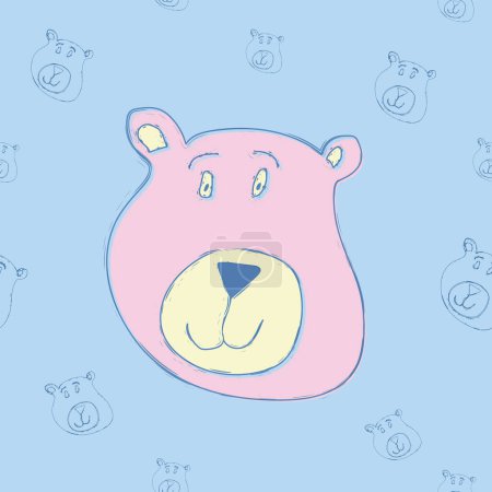 Photo for Hand drawn cute, cartoon pink smiling bear illustration on blue background with happy bears, pastel color texture for children; kids - Royalty Free Image