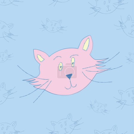 Photo for Hand drawn cute, cartoon pink smiling cat illustration on blue background with happy cats, pastel color texture for children; kids - Royalty Free Image