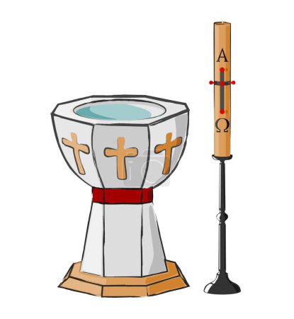 Illustration pour Fonts baptismaux en pierre et bougie pascale sur un chandelier - image libre de droit