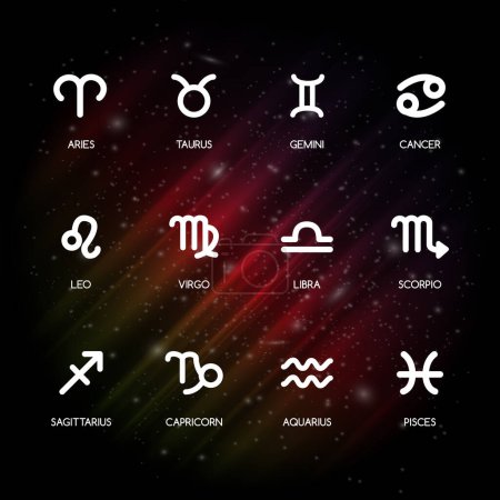 Photo for Set of vector zodiac signs, icons with captions, on colorful space background - Royalty Free Image