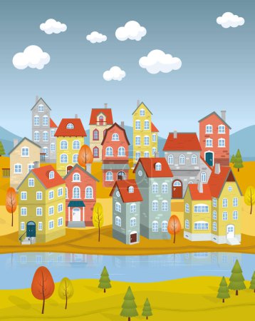 Illustration for Image of a town with classic houses by the river in autumn - Royalty Free Image