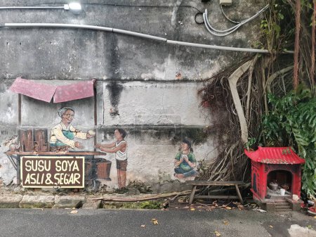 Photo for Street art painting in georgetown, penang, malaysia of a street food stand - Royalty Free Image