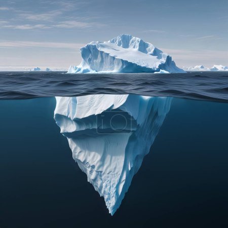 Ein großer Eisberg, der im Ozean schwimmt, wobei nur ein kleiner Teil über der Wasseroberfläche sichtbar ist, während der Großteil des Eisbergs unter Wasser versinkt, wodurch ein auffallender visueller Kontrast zwischen den sichtbaren und versteckten Teilen entsteht..