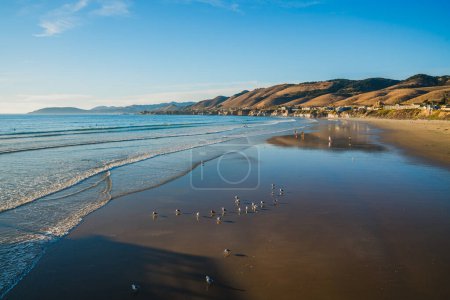 Téléchargez les photos : Collines de plage de pismo avec falaises, large plage de sable à marée basse, océan bleu foncé, et une silhouette d'une ville en arrière-plan au coucher du soleil, Californie Côte centrale - en image libre de droit