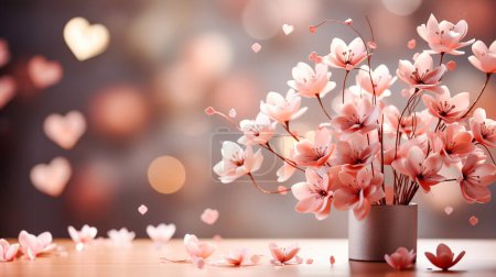 Photo for Abstract floral background in light pink and beige color. Flowers in a vase, and heart-shaped bokeh. AI-generated image - Royalty Free Image