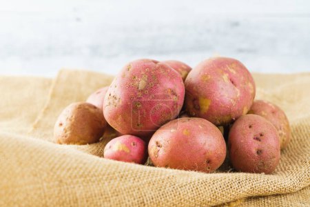 Red potatoes close-up. Fresh raw organic red potatoes close-up on a rustic background on a kitchen table