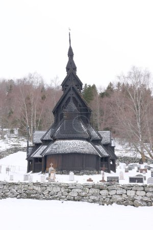 Photo for Borgund, Norway. Famous Landmark Stavkirke An Old Wooden Triple Nave Stave Church In Summer Day. Ancient Old Wooden Worship In Norwegian Countryside Landscape. - Royalty Free Image