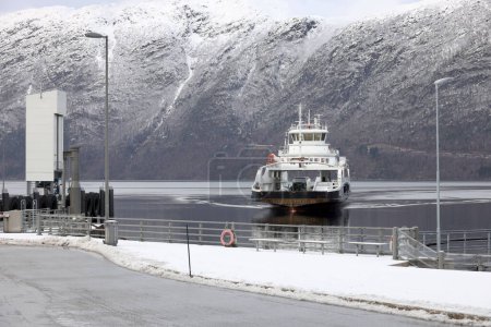 Photo for Winter view of the ferry boat from Lote to Anda, Norway, Europe - Royalty Free Image