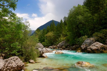 Photo for Velika Korita or Great canyon of Soca river, Bovec, Slovenia. Beautiful vivid turquoise river stream rapids, running through canyon surrounded by forest. Soca river, Triglav National Park, Julian Alps, Slovenia, Europe - Royalty Free Image