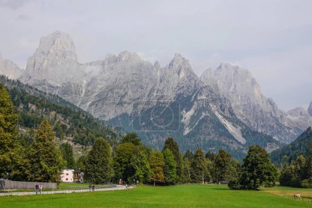 Foto de Vista de verano del famoso paisaje de Pale di San Martino, cerca de San Martino di Castrozza, Dolomitas italianas, Europa - Imagen libre de derechos