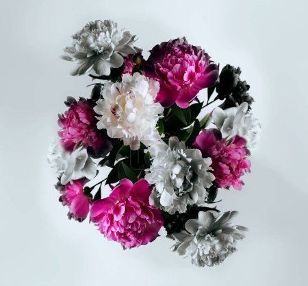 Beautiful Peonies bouquet in Photo Collage with vintage toning Spring Seasonal Background.