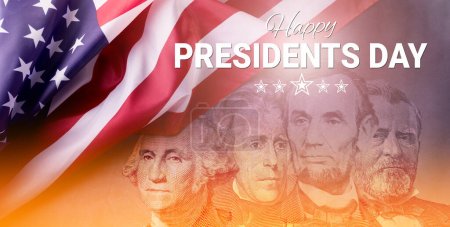 Téléchargez les photos : Happy Presidents Day Concept with the US national Flag against a collage of four American Presidents portraits cut of Dollar bills. - en image libre de droit