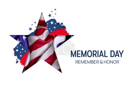 Memorial Day Banner Template mit der offiziellen Flagge der Vereinigten Staaten von Amerika vor weißem Hintergrund. Ehre für alle, die gedient haben.