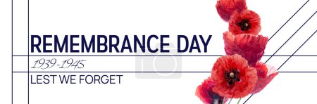 Photo for Remembrance day banner with red poppy flowers against white background. Memorial for vicrtims of Warld war - Royalty Free Image