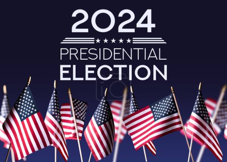 Presidential Election Campaign banner concept in 2024 against official US flags and deep blue background. Vote day, November 5. US Election.