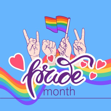 Illustration for Waved rainbow, Human Hands Showing Different signs and Hand Lettering Pride. Pride Month banner background. Symbols of LGBT pride community flag in Rainbow colors. - Royalty Free Image