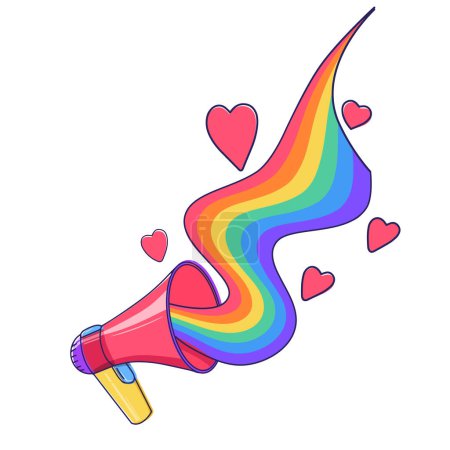 Illustration for Megaphone or loudspeaker with LGBT rainbow and pink hearts. Pride month symbols, Love Wins Concept. - Royalty Free Image