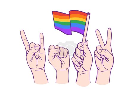 Illustration for Waved rainbow, Human Hands Showing Different signs and Hand Lettering Pride. Pride Month banner background. Symbols of LGBT pride community flag in Rainbow colors. - Royalty Free Image
