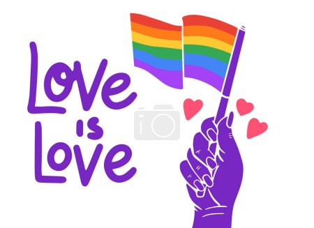 Illustration for Hand Holding Rainbow Flag, Symbol of LGBT community, and Love is Love words on a poster or banner template - Royalty Free Image