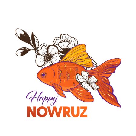 Ilustración de Composición de coloridos peces dorados y flores primaverales de manzano o flores Sakura sobre un fondo blanco. Happy Nowruz, tarjeta de felicitación palestina de Año Nuevo diseño minimalista. - Imagen libre de derechos
