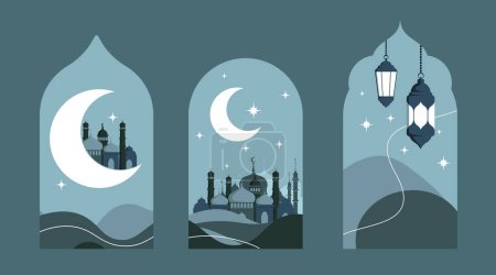 Illustration for Ramadan Kareem Vector Greeting Card Template. Social Media Banner, Poster Ramadan Layout Crescent Moon, Fanoos, Mosque Dome, and Arches. Islamic background good for advertising, invitation or poster. - Royalty Free Image