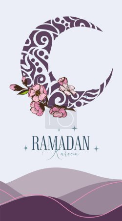 Ramadan Kareem Vector Grußkarte Vorlage. Social Media Banner, Poster Ramadan Layout mit Halbmond dekoriert mit Floral Design, Sakura Blumen