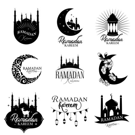 Ramadan Kareem Vector Sticker Set. Einfache grafische Silhouetten von Halbmond, Fanoos, Moschee-Kuppel und Bögen auf einem bunten Aufkleber. Islamischer Hintergrund ist gut für Werbung, Plakate, Souvenirs.