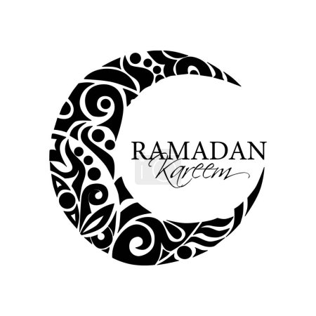 Ramadan Kareem Vector Sticker Illustration. Silhouette of ornate Crescent moon with Ramadan Kareem Greeting Text. Traditional Islamic Symbols.