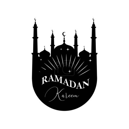 Illustration for Ramadan Kareem Vector Sticker Illustration. Silhouette of Mosque and Crescent Moon in Black with Ramadan Kareem Welcome Greeting Text. Traditional Islamic Symbols. - Royalty Free Image