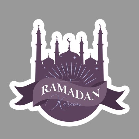 Ramadan Kareem Vector Sticker Illustration. Silhouette of Mosque and Crescent Moon with Ramadan Kareem Welcome Greeting Text. Traditional Islamic Symbols.