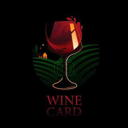 Logo de copa de vino con salpicaduras de vino y minimalistas Fondo de paisaje rural. Ilustración vectorial para Wine Bar o Cocktail Bar Menu.