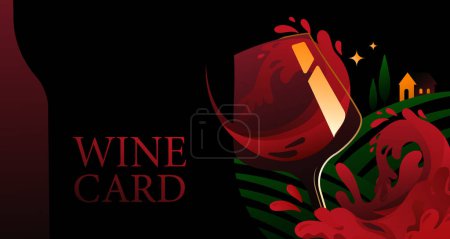 Abstract Aesthetic Banner with Alcoholic drink in the Glass, Wine Splashes, and Minimalistic Rural Landscape in Dark colors. Vector illustration for Wine Bar or Cocktail Bar Menu.